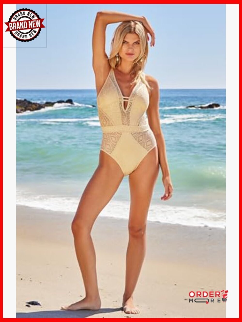 Crochet Plunge One-Piece Swimsuit with Adjustable Straps and Support - Picture 3 of 7